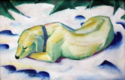 Liggende hond in de sneeuw door Franz Marc